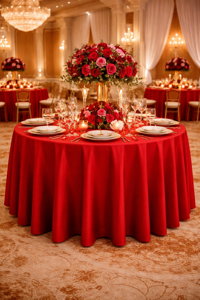 Süet Dokusu ve Dökümlü Yapısıyla Büyük Yuvarlak Organizasyon Masa Örtüsü