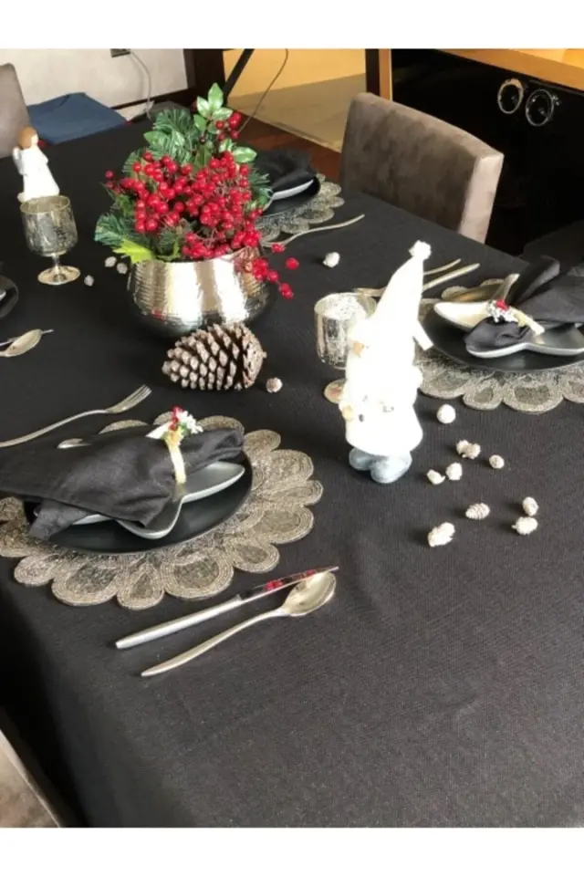 Linen Keten Simli Siyah Masa Örtüsü 150x220cm