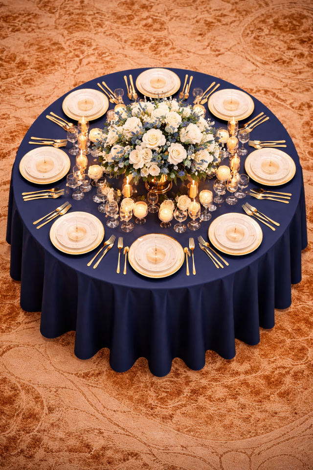 Süet Dokusu ve Dökümlü Yapısıyla Büyük Yuvarlak Organizasyon Masa Örtüsü