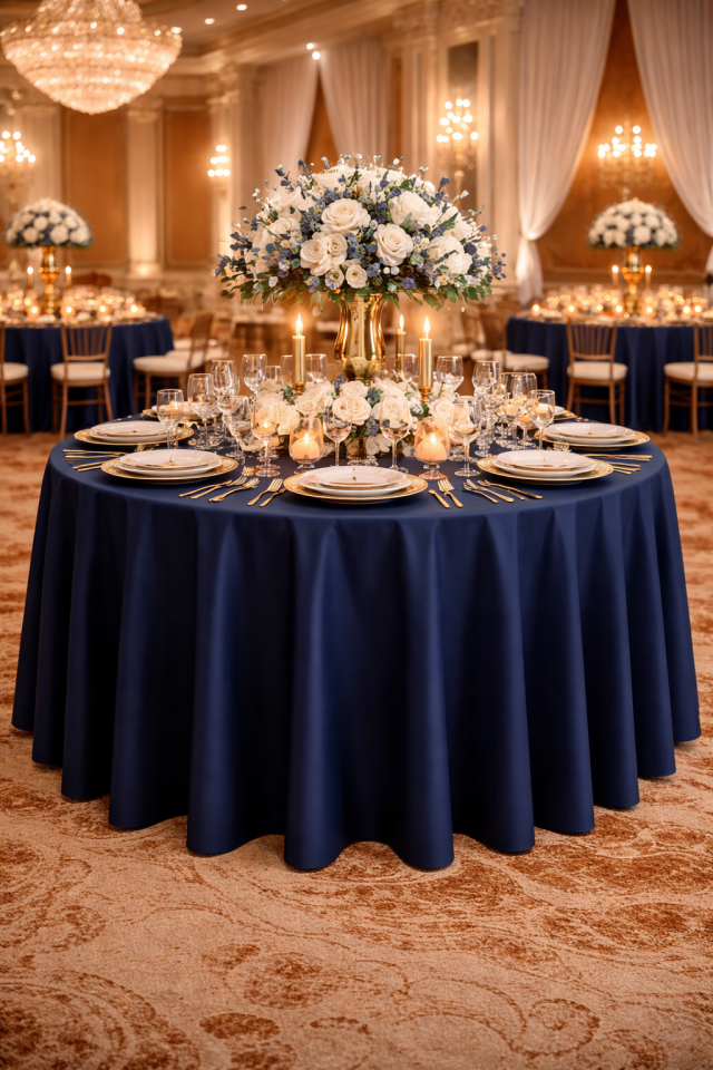 Süet Dokusu ve Dökümlü Yapısıyla Büyük Yuvarlak Organizasyon Masa Örtüsü