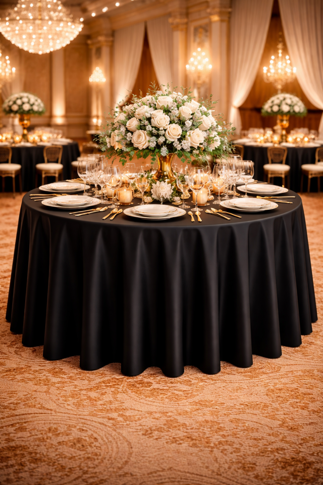 Süet Dokusu ve Dökümlü Yapısıyla Büyük Yuvarlak Organizasyon Masa Örtüsü