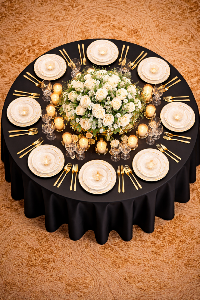 Süet Dokusu ve Dökümlü Yapısıyla Büyük Yuvarlak Organizasyon Masa Örtüsü