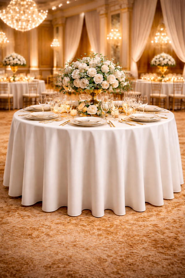 Süet Dokusu ve Dökümlü Yapısıyla Büyük Yuvarlak Organizasyon Masa Örtüsü