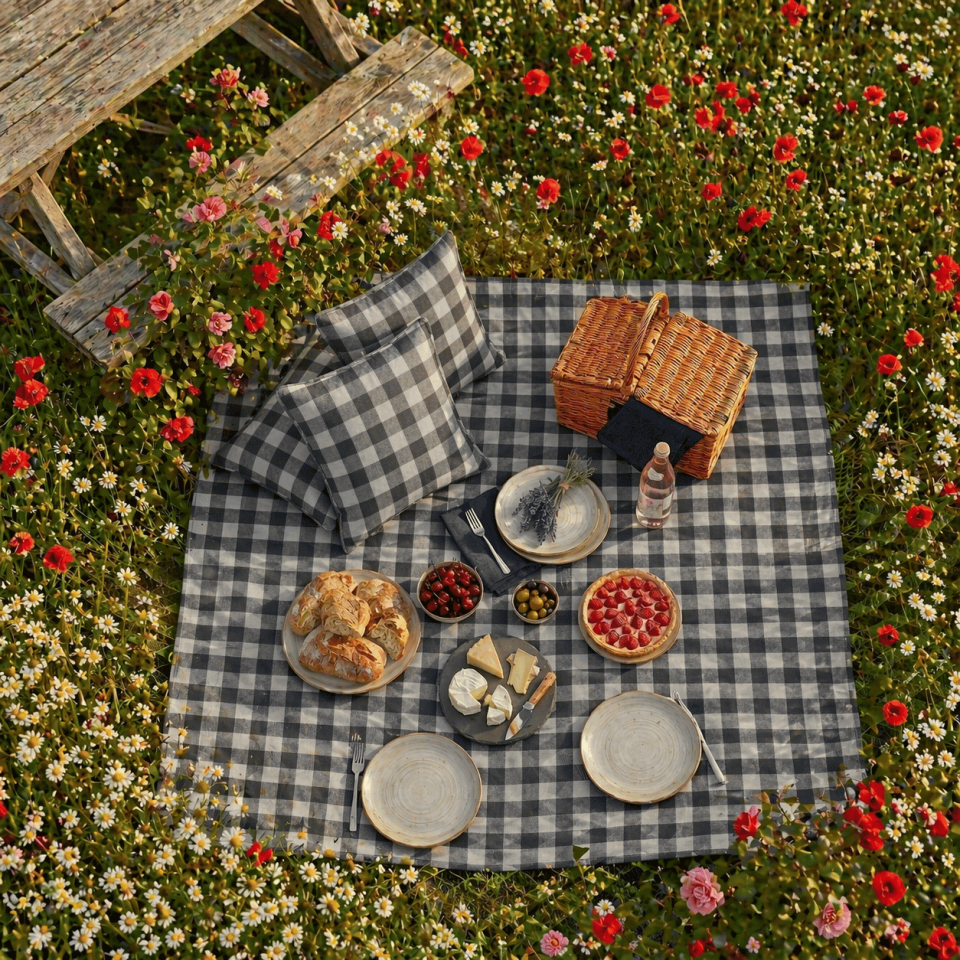 Sıvı ve Leke'ye Dayanaklı Duck Keten Piknik Örtü Seti Kırlentli Gri